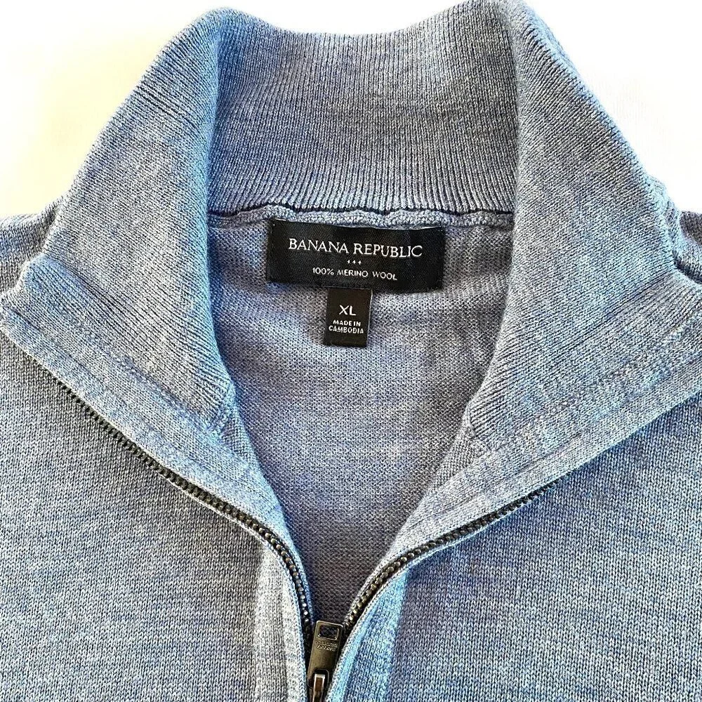 Banana Republic blue 100% merino wool 1/4 zip sweater Men's XL quiet luxury